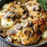Chicken Madeira smothered in creamy Madeira wine mushroom sauce with tender potatoes and fresh thyme in a skillet.