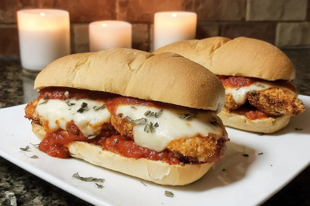 Chicken Parmesan Sandwiches on toasted rolls with crispy breaded chicken, marinara sauce, and melted mozzarella cheese.