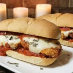 Chicken Parmesan Sandwiches on toasted rolls with crispy breaded chicken, marinara sauce, and melted mozzarella cheese.