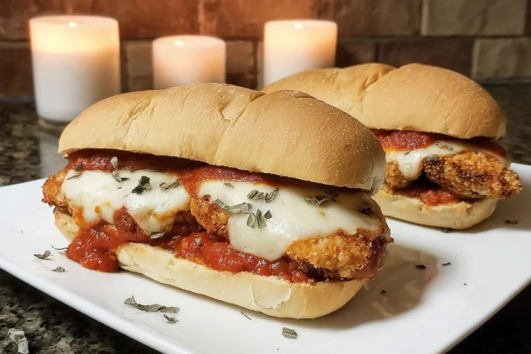 Chicken Parmesan Sandwiches on toasted rolls with crispy breaded chicken, marinara sauce, and melted mozzarella cheese.