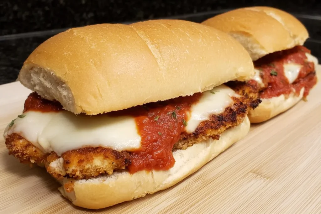 Chicken Parmesan Sandwiches on a soft French roll with crispy breaded chicken, marinara sauce, and melted mozzarella cheese.
