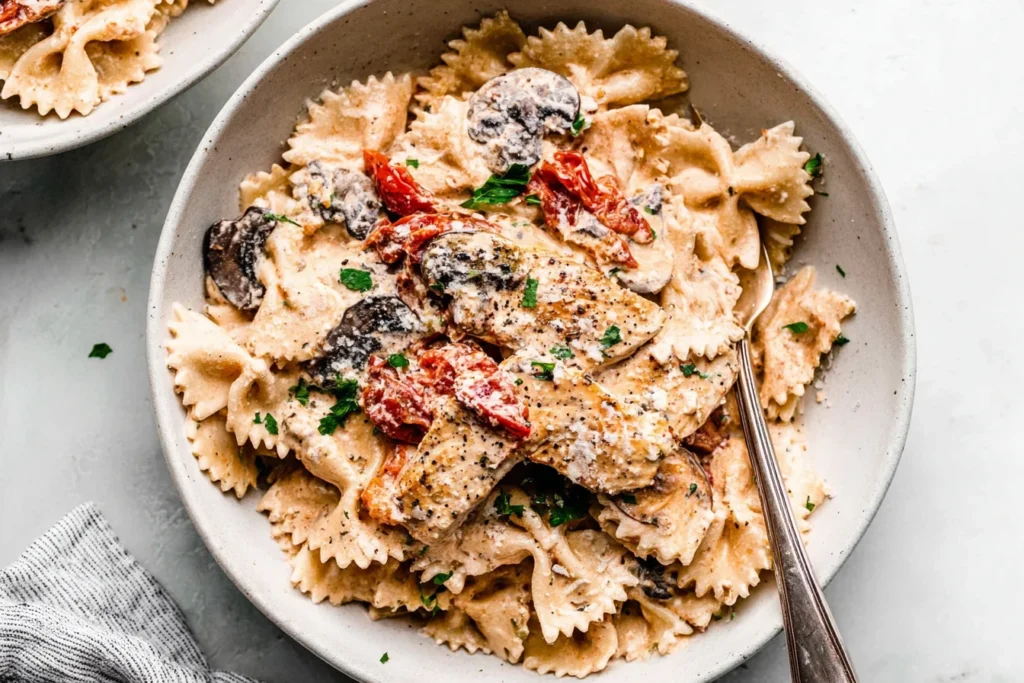 Bowl of Macaroni Grill’s Chicken Pasta Milano with creamy bowtie pasta, sliced chicken, mushrooms, sun-dried tomatoes, and Parmesan.