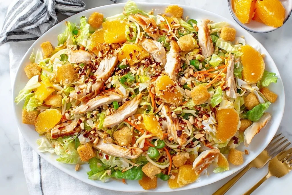 Chinese Chicken Salad with shredded lettuce and cabbage, sliced chicken, mandarin oranges, crunchy toppings, and sesame dressing on a white platter