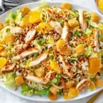 Chinese Chicken Salad with shredded lettuce and cabbage, sliced chicken, mandarin oranges, crunchy toppings, and sesame dressing on a white platter