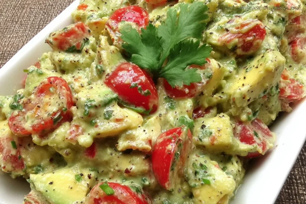 Avocado Crack Dip loaded with cherry tomatoes, feta, parsley, and black pepper in a white dish, ready for scooping.