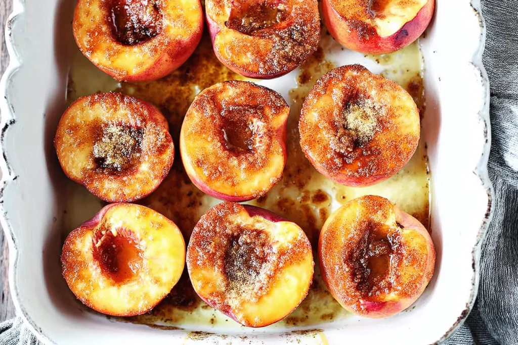 Cinnamon Sugar Baked Peaches baking in a white dish, sprinkled with brown sugar and warm spices until golden and bubbly.