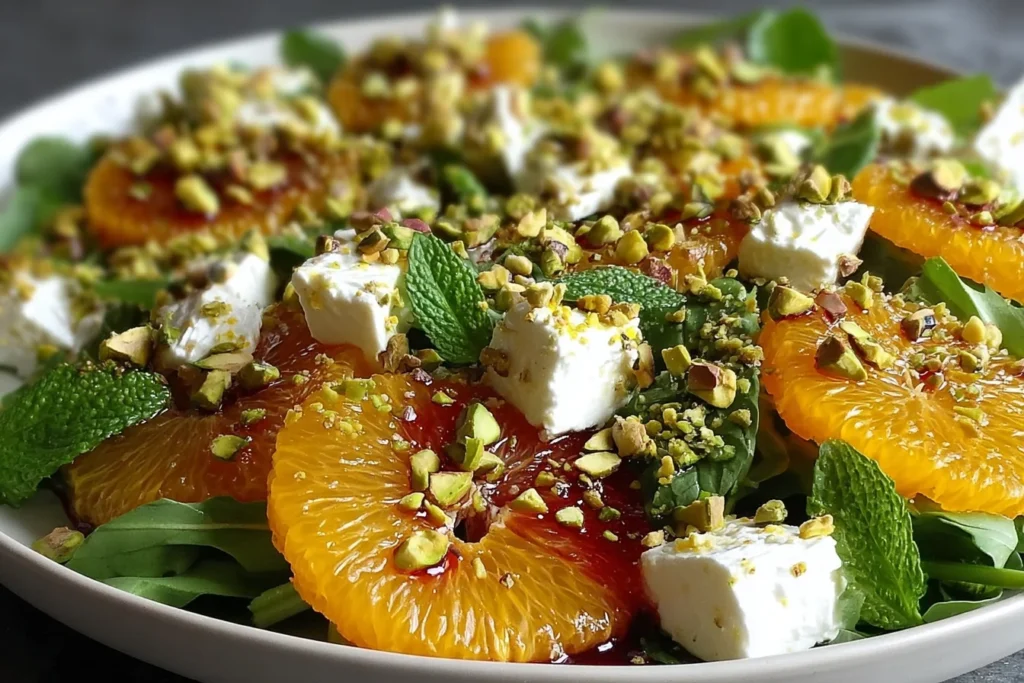 Citrus Feta Salad with Orange Segments on baby greens with feta cubes, chopped pistachios, fresh mint, and a sweet honey-citrus drizzle.