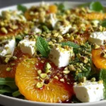 Citrus Feta Salad with Orange Segments on baby greens with feta cubes, chopped pistachios, fresh mint, and a sweet honey-citrus drizzle.