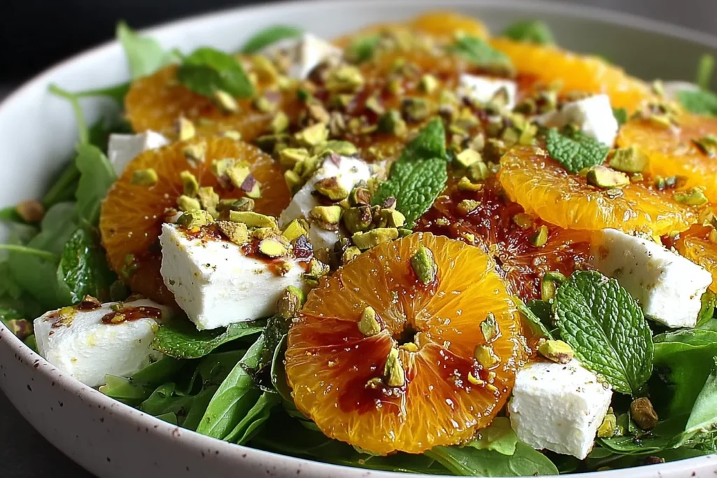 Citrus Feta Salad with Orange Segments topped with crumbled feta, pistachios, and fresh mint on baby greens with honey-citrus drizzle.