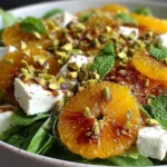 Citrus Feta Salad with Orange Segments topped with crumbled feta, pistachios, and fresh mint on baby greens with honey-citrus drizzle.