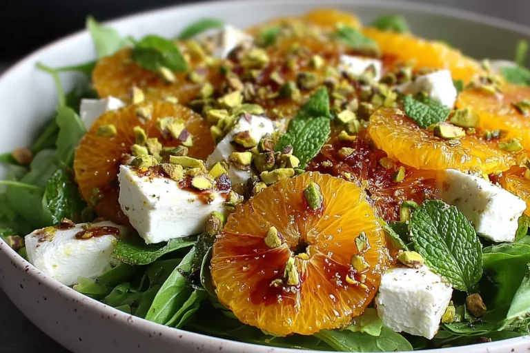 Citrus Feta Salad with Orange Segments topped with crumbled feta, pistachios, and fresh mint on baby greens with honey-citrus drizzle.