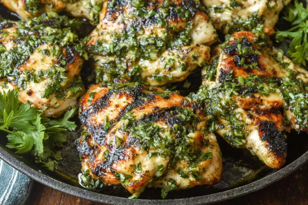 Close-up of Chimichurri Chicken Recipe—char-grilled chicken thighs in a skillet topped with fresh parsley-garlic chimichurri sauce.
