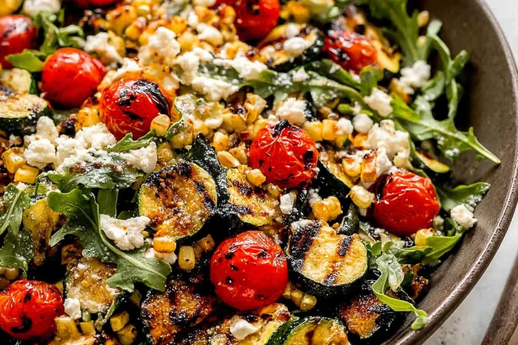 Grilled Zucchini Salad, up close and crave-worthy—charred zucchini, sweet corn, blistered tomatoes, peppery arugula, and creamy goat cheese.