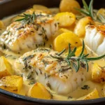 Cod & Potatoes in Rosemary Cream Sauce in a skillet with golden baby potatoes, seared cod fillets, and creamy lemon-rosemary sauce.
