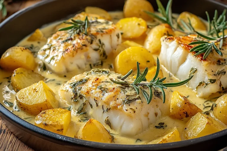 Cod & Potatoes in Rosemary Cream Sauce in a skillet with golden baby potatoes, seared cod fillets, and creamy lemon-rosemary sauce.