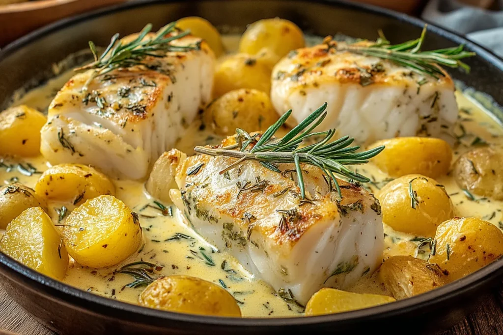 Cod & Potatoes in Rosemary Cream Sauce with seared cod fillets, baby potatoes, and a creamy lemon-rosemary sauce in a skillet.