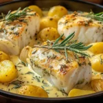 Cod & Potatoes in Rosemary Cream Sauce with seared cod fillets, baby potatoes, and a creamy lemon-rosemary sauce in a skillet.