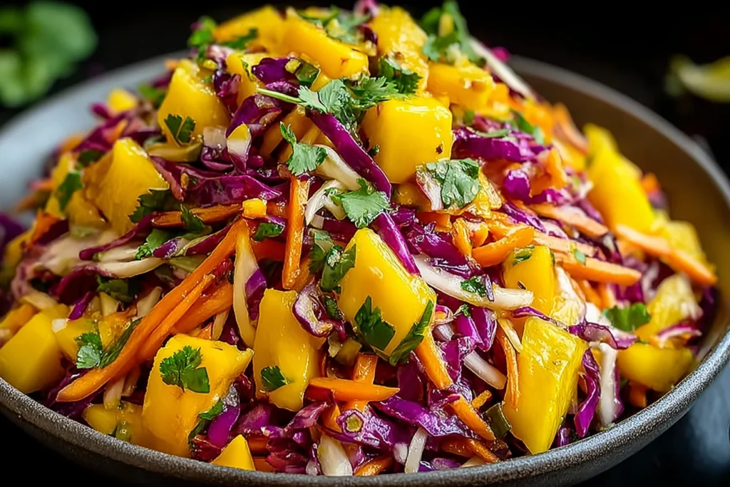 Close-up of Mango Slaw with ripe mango cubes, shredded purple cabbage, carrots, and cilantro tossed in a zesty lime dressing.