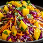 Close-up of Mango Slaw with ripe mango cubes, shredded purple cabbage, carrots, and cilantro tossed in a zesty lime dressing.