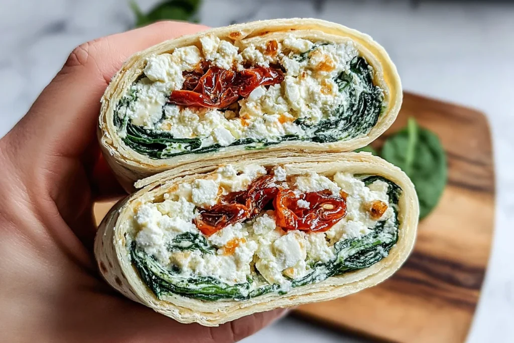 Hand holding a Copycat Starbucks Spinach Feta Wrap cut in half, showing creamy feta, spinach, and sun-dried tomatoes inside a toasted tortilla.