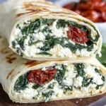 Copycat Starbucks Spinach Feta Wrap cut in half, showing egg whites, creamy feta, spinach, and sun-dried tomatoes in a toasted tortilla.