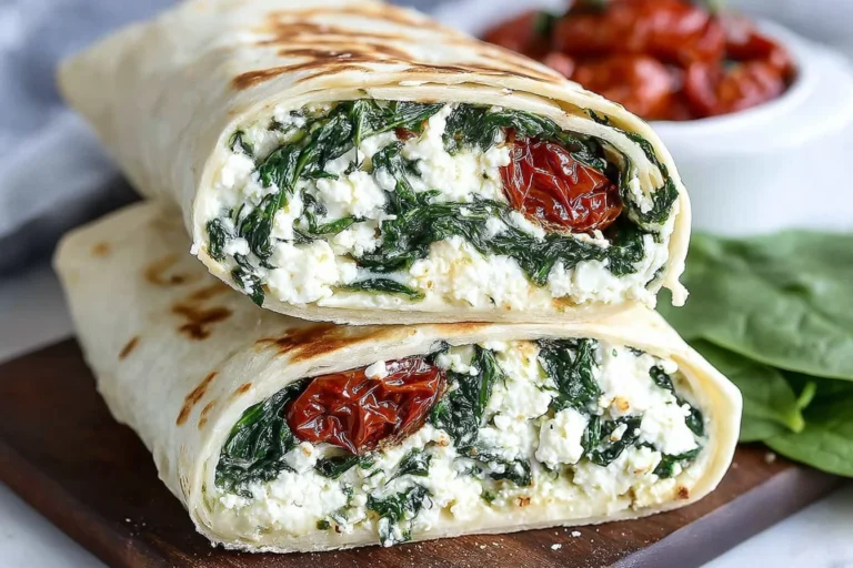Copycat Starbucks Spinach Feta Wrap cut in half, showing egg whites, creamy feta, spinach, and sun-dried tomatoes in a toasted tortilla.
