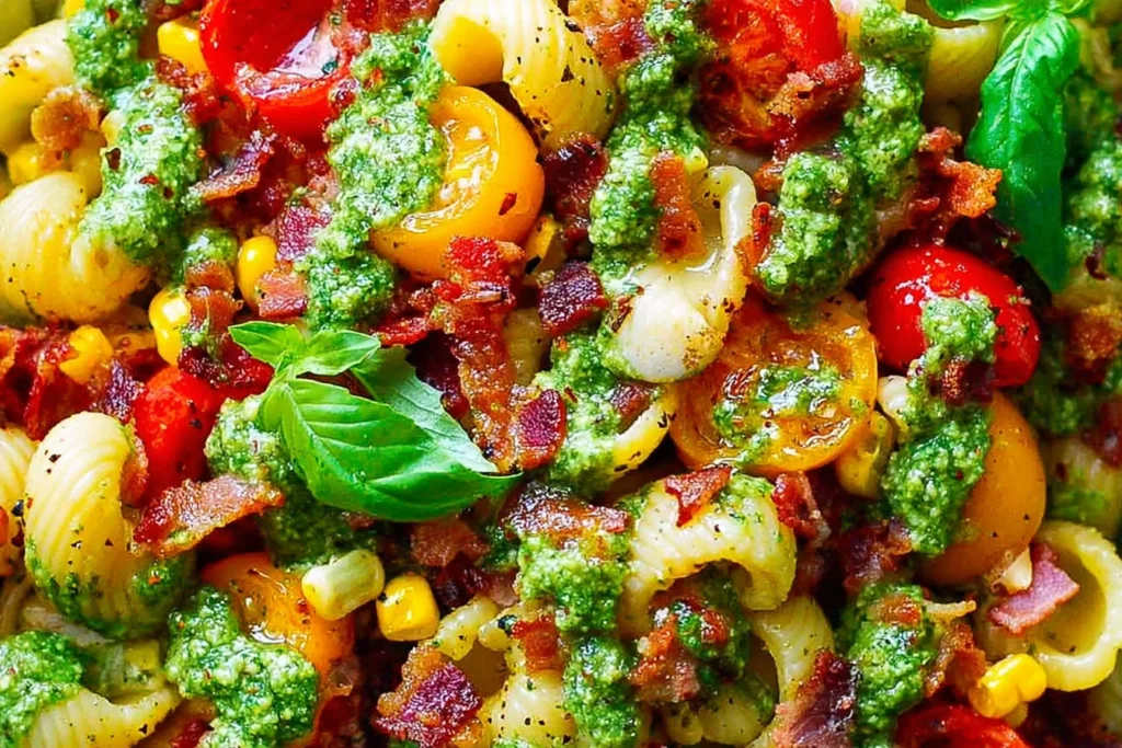 Close-up of Corn Pasta Salad Bacon with orecchiette, sweet corn, cherry tomatoes, crispy bacon, and creamy pesto dressing with fresh basil.