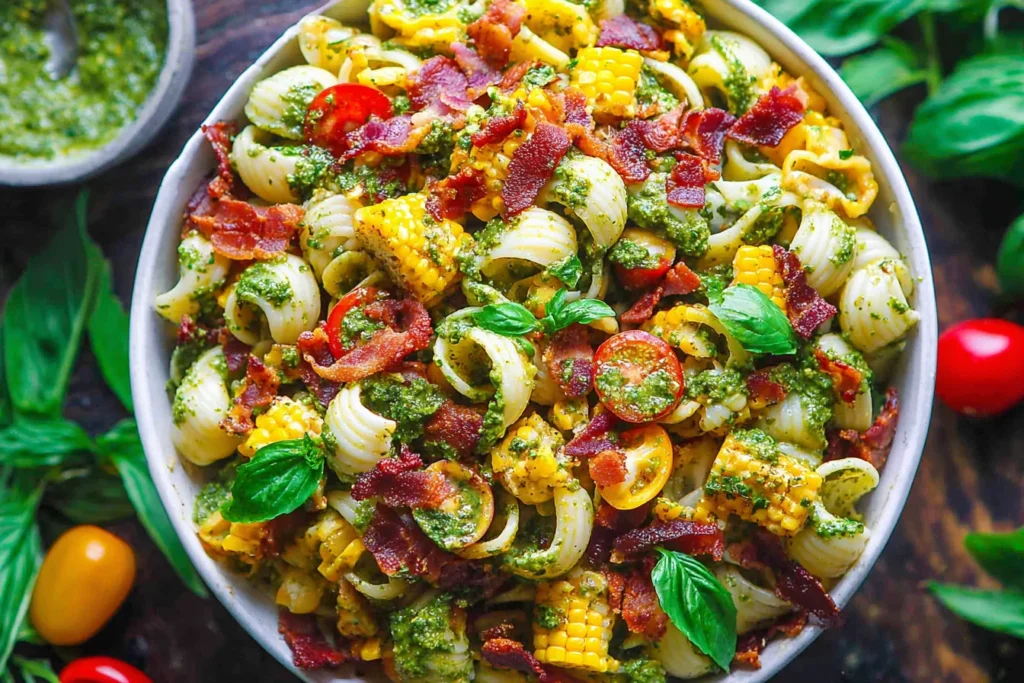 Corn Pasta Salad Bacon in a white bowl with orecchiette, sweet corn, crispy bacon, cherry tomatoes, and creamy pesto dressing.