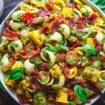 Corn Pasta Salad Bacon in a white bowl with orecchiette, sweet corn, crispy bacon, cherry tomatoes, and creamy pesto dressing.
