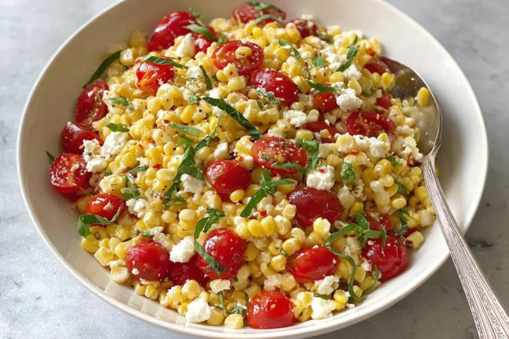 Corn Tomato and Feta Salad in a white bowl with sweet corn, cherry tomatoes, fresh basil ribbons, and crumbled feta cheese.