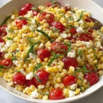 Corn Tomato and Feta Salad in a white bowl with sweet corn, cherry tomatoes, fresh basil ribbons, and crumbled feta cheese.
