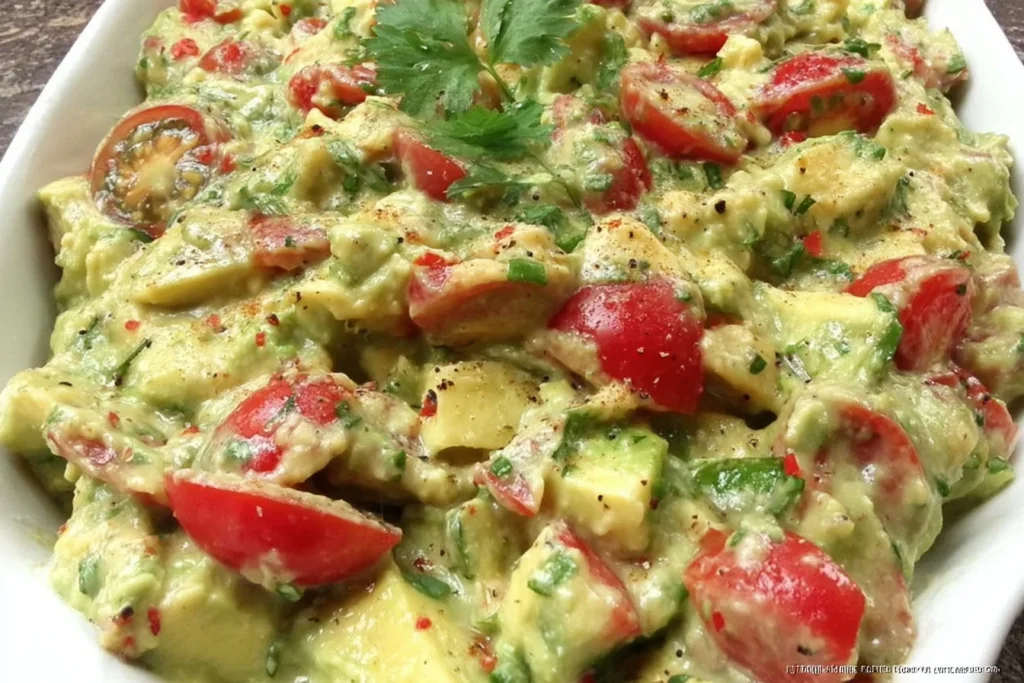 Avocado Crack Dip with cherry tomatoes, feta, parsley, and garlic, served creamy and chunky in a white bowl.