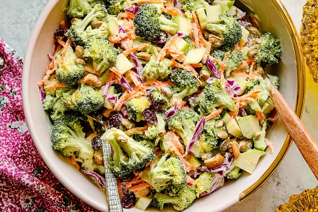 Broccoli Crunch Salad in a white bowl with fresh broccoli florets, shredded carrots, red onion, dried cranberries, sunflower seeds, and creamy yogurt dressing.