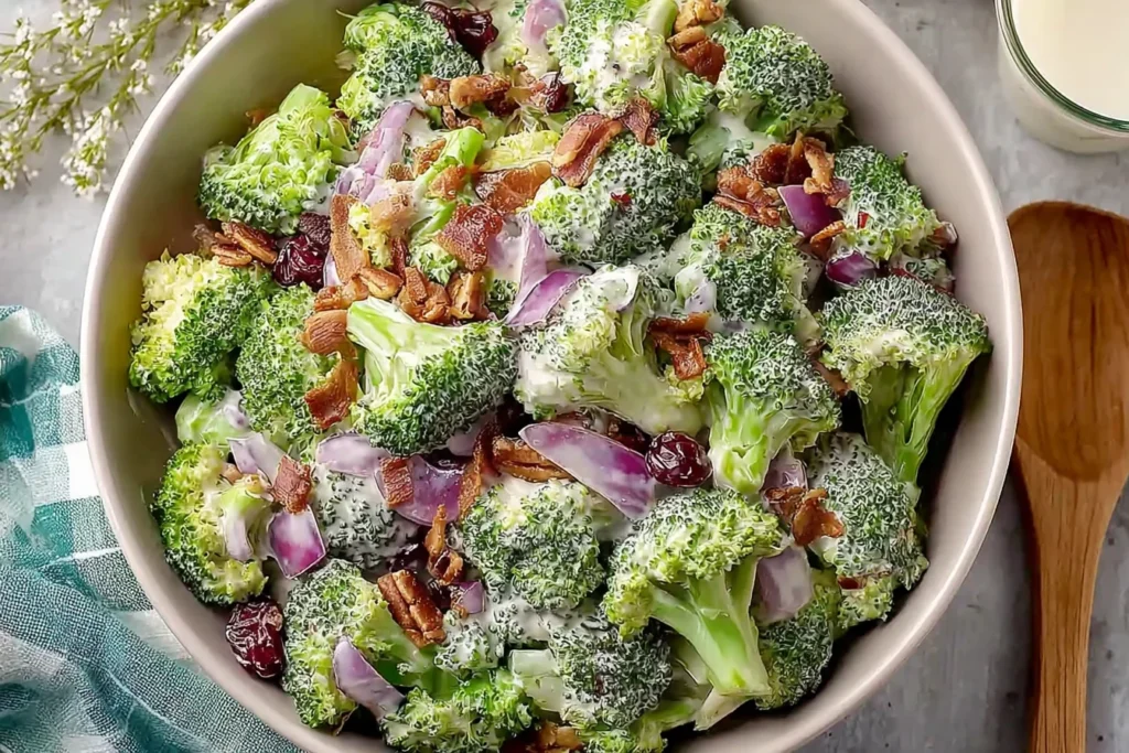 Sweet Classic Broccoli Salad in a bowl with creamy mayo dressing, crispy bacon, red onion, dried cranberries, and crunchy seeds.