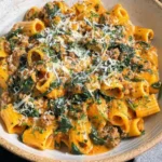 Butternut Squash Pasta with Sausage and Spinach in a bowl—rigatoni tossed in creamy squash sauce with Italian sausage, wilted spinach, and Parmesan.
