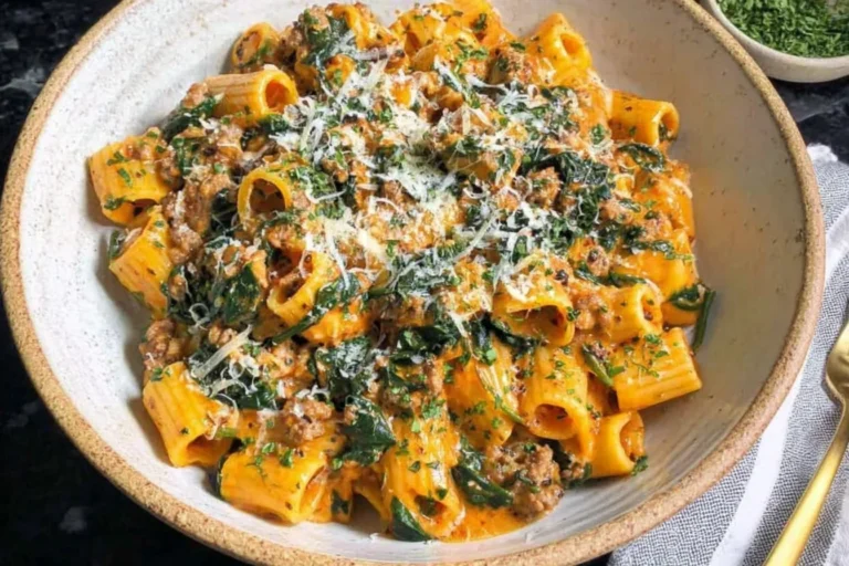 Butternut Squash Pasta with Sausage and Spinach in a bowl—rigatoni tossed in creamy squash sauce with Italian sausage, wilted spinach, and Parmesan.