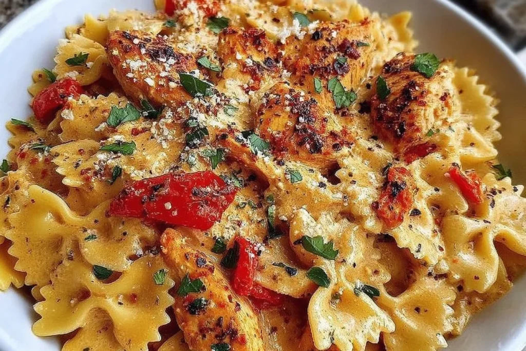 Parmesan Roasted Red Pepper Chicken Bowties in Garlic Cream in a white bowl with creamy bowtie pasta, browned chicken pieces, roasted red peppers, and herbs.