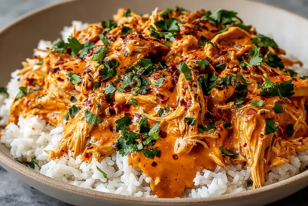 Crockpot Cajun Butter Chicken smothered in creamy Cajun butter sauce over white rice, topped with chopped parsley and red pepper flakes.
