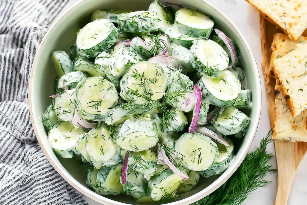 Overhead bowl of Cucumber Dill Salad with creamy yogurt dressing, sliced cucumbers, fresh dill, and red onion, served with herbed bread.