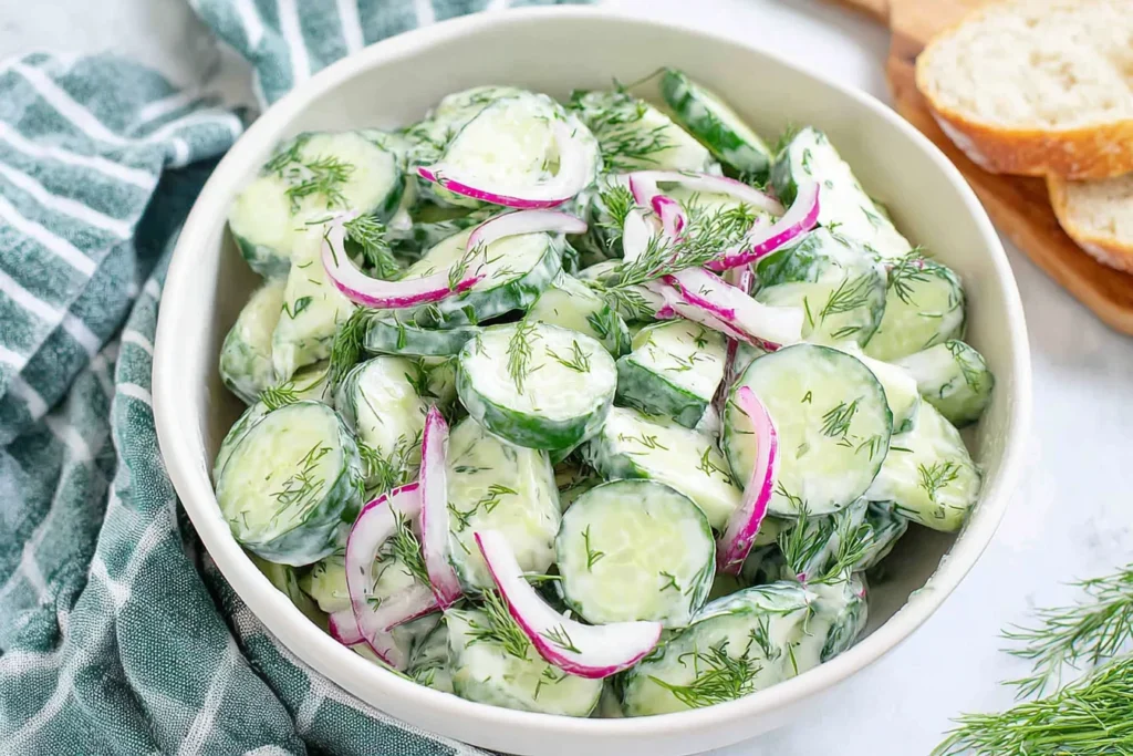 Creamy Cucumber Dill Salad with sliced cucumbers, red onion, and fresh dill in a yogurt-lemon dressing.