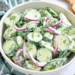 Creamy Cucumber Dill Salad with sliced cucumbers, red onion, and fresh dill in a yogurt-lemon dressing.