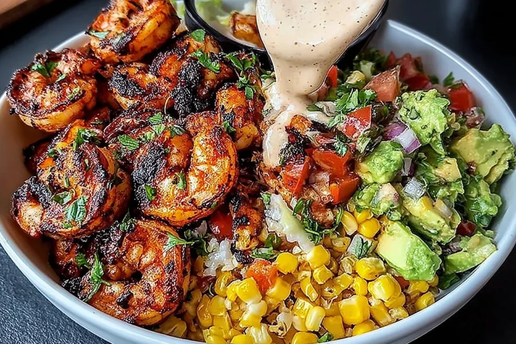 Grilled Shrimp Bowl with Avocado with charred shrimp, sweet corn salsa, chunky avocado, and creamy garlic sauce being poured over the top.