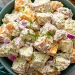 Jamaican Potato Salad in a bowl with creamy mayo dressing, sweet potato cubes, red onion, celery, and fresh herbs.