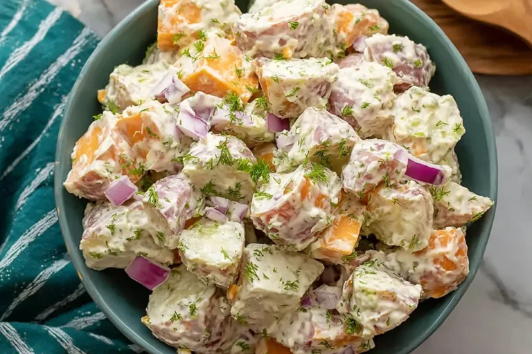 Jamaican Potato Salad in a bowl with creamy mayo dressing, sweet potato cubes, red onion, celery, and fresh herbs.