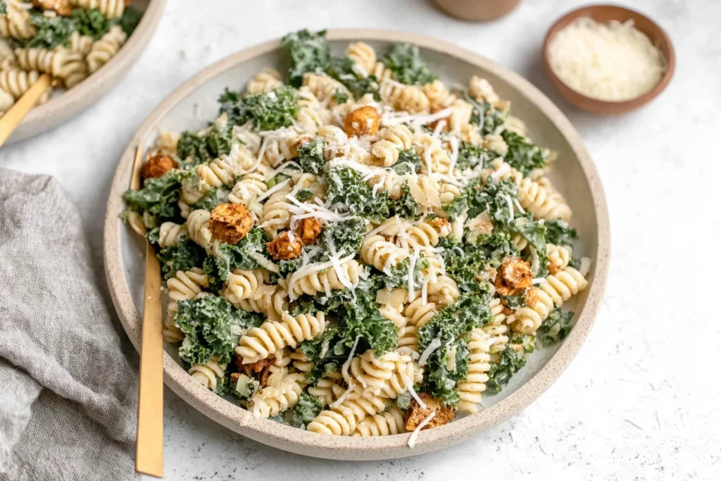 Kale Caesar Pasta Salad in a shallow bowl with rotini, massaged kale, crispy chickpeas, and grated parmesan.