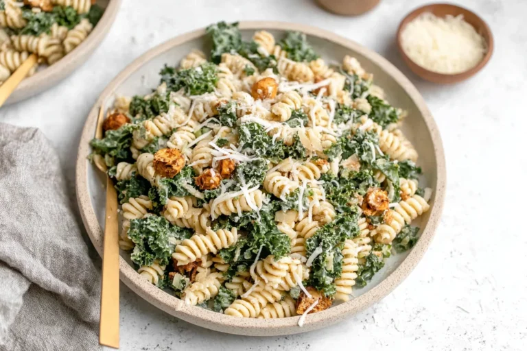 Kale Caesar Pasta Salad in a shallow bowl with rotini, massaged kale, crispy chickpeas, and grated parmesan.