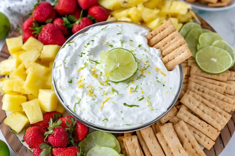 Key Lime Pie Fruit Dip in a glass bowl topped with lime zest and a lime slice, served with strawberries, pineapple chunks, and graham crackers.