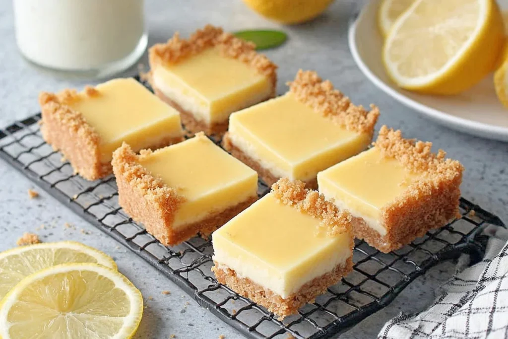 Creamy Lemon Squares cooling on a wire rack with a buttery graham cracker crust and smooth lemon layer, served with fresh lemon slices.