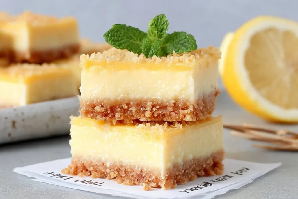 Creamy Lemon Squares stacked with buttery graham cracker crust and silky lemon filling, topped with fresh mint and served beside a lemon.