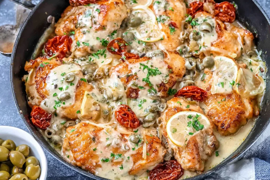 Mediterranean Chicken Skillet in a cast-iron pan with creamy lemon sauce, sun-dried tomatoes, olives, and parsley.